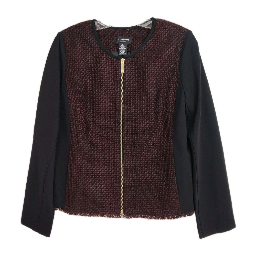 Liz Claiborne‎ Career Jacket Women's M Burgundy & Black Full-Zip Long Sleeves